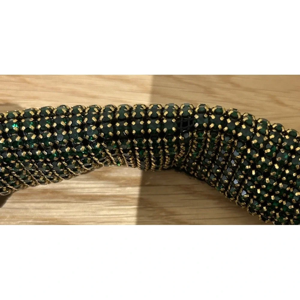 Madison West Knotted Emerald Green Rhinestone Gold Tone Dumpling Evening Handbag